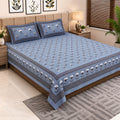 Dusty Blue Royal Rose Buti Pure Cotton King Size Bedsheet with 2 Pillow Covers