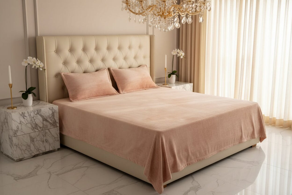 MVB Elegant Blush Pink | Super Soft Velvet Double Bedsheet with Matching Pillow Covers