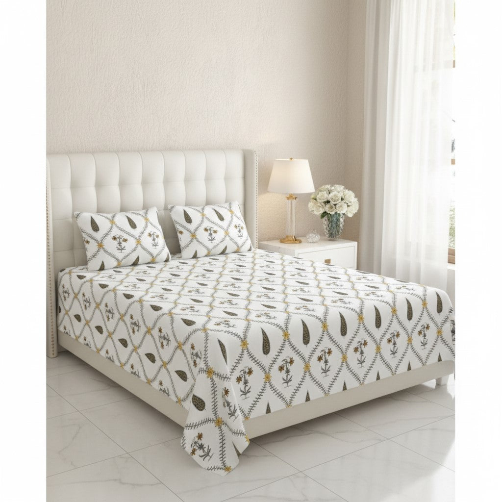 Pinklay Golden Bloom Heritage King Bed Sheet | Yellow & Brown Floral Block Print | 240 TC 100% Cotton | Set of 3