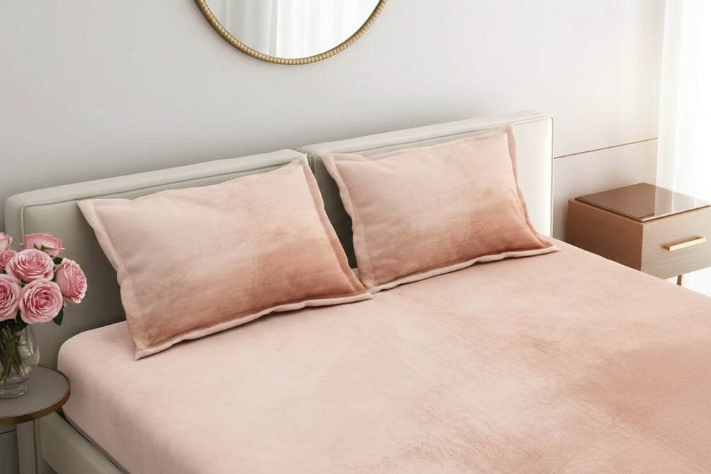 MVB Elegant Blush Pink | Super Soft Velvet Double Bedsheet with Matching Pillow Covers
