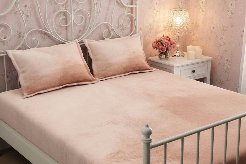 MVB Elegant Blush Pink | Super Soft Velvet Double Bedsheet with Matching Pillow Covers