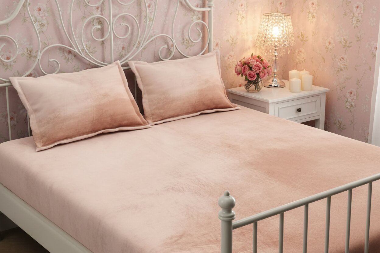MVB Elegant Blush Pink | Super Soft Velvet Double Bedsheet with Matching Pillow Covers