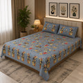 Steel Blue Majestic Fern Leaf Pure Cotton King Size Bedsheet with 2 Pillow Covers
