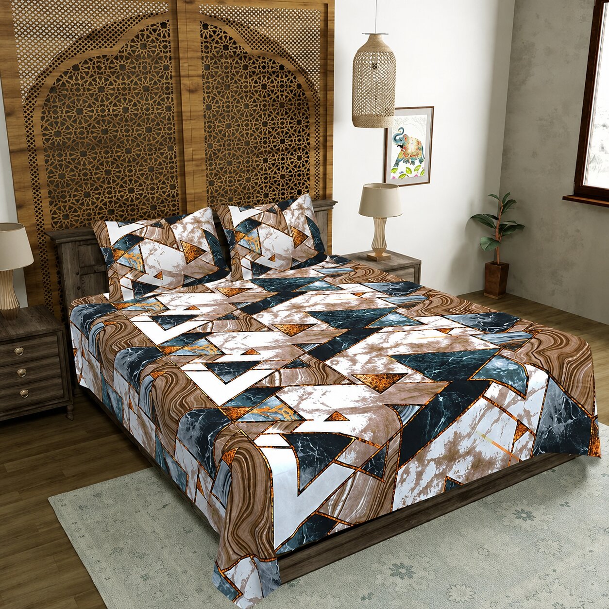 Terracotta Tectonic Flow Double Bedsheet | Marble Geometric Print