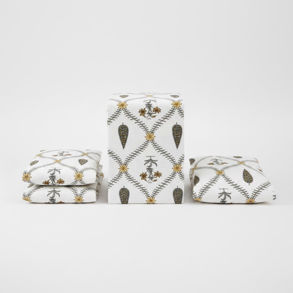 Pinklay Golden Bloom Heritage King Bed Sheet | Yellow & Brown Floral Block Print | 240 TC 100% Cotton | Set of 3