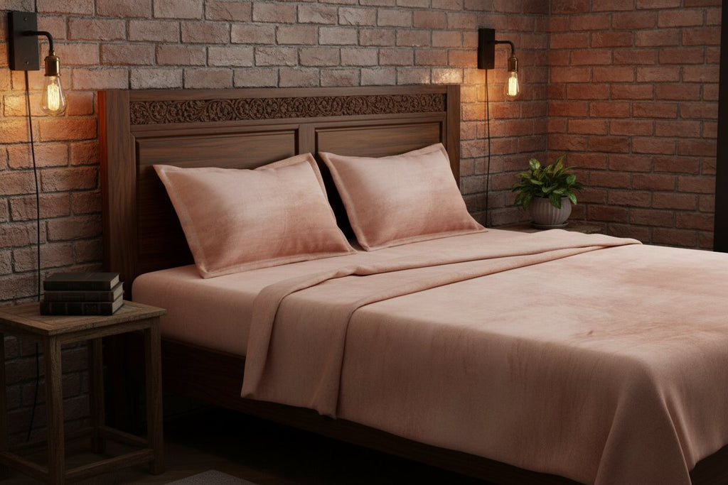 MVB Elegant Blush Pink | Super Soft Velvet Double Bedsheet with Matching Pillow Covers