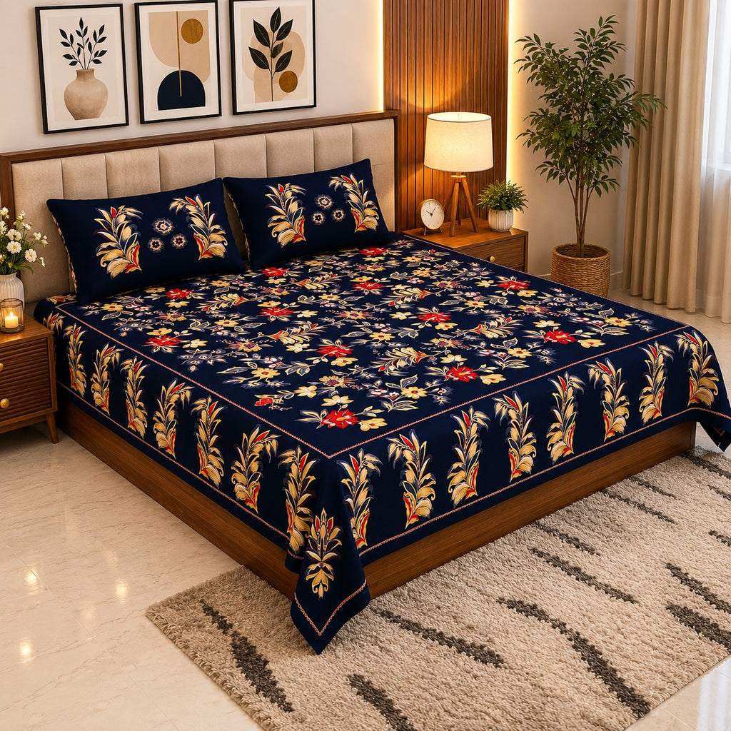 Midnight Blue Majestic Fern Leaf Pure Cotton King Size Bedsheet with 2 Pillow Covers