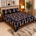 Midnight Blue Majestic Fern Leaf Pure Cotton King Size Bedsheet with 2 Pillow Covers
