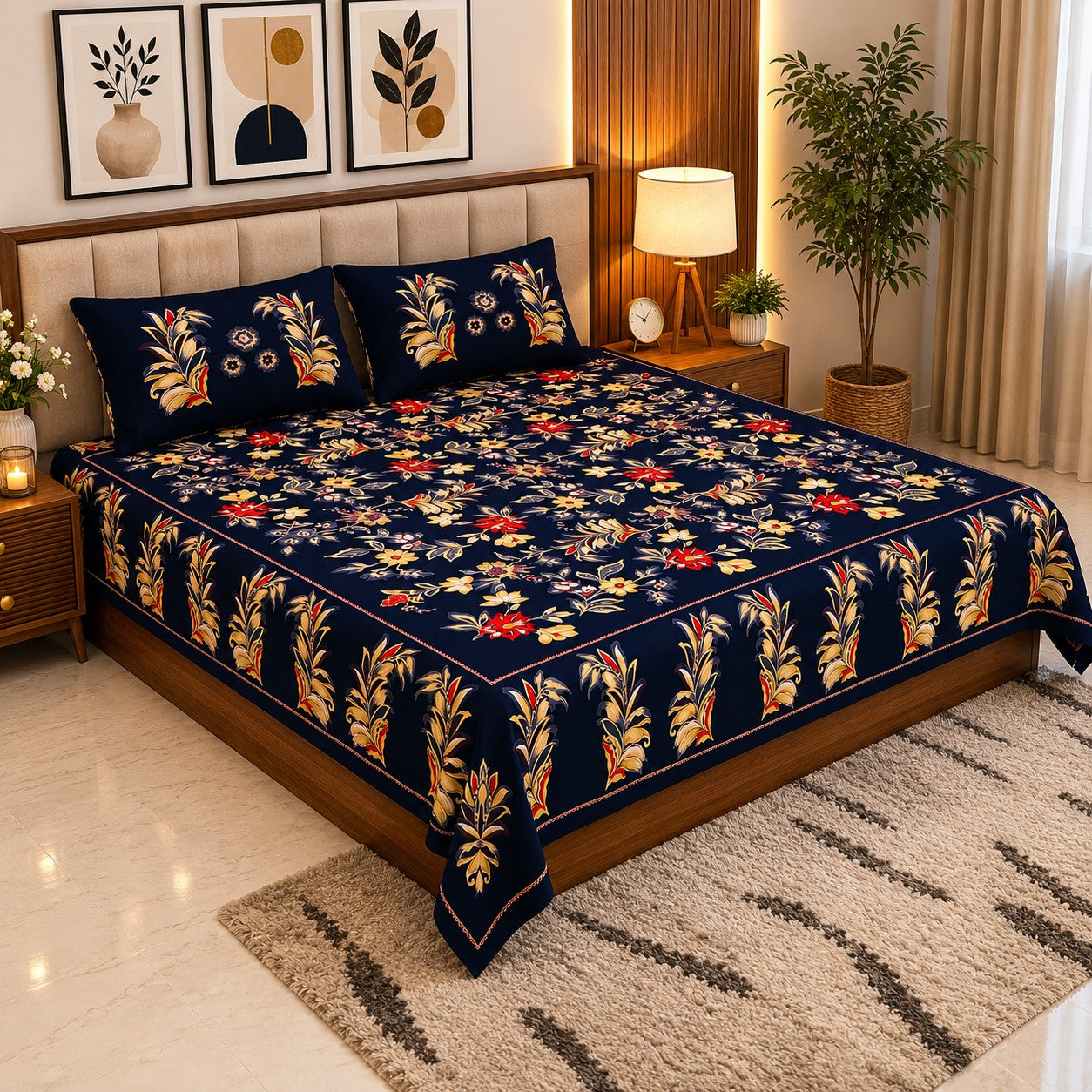 Midnight Blue Majestic Fern Leaf Pure Cotton King Size Bedsheet with 2 Pillow Covers