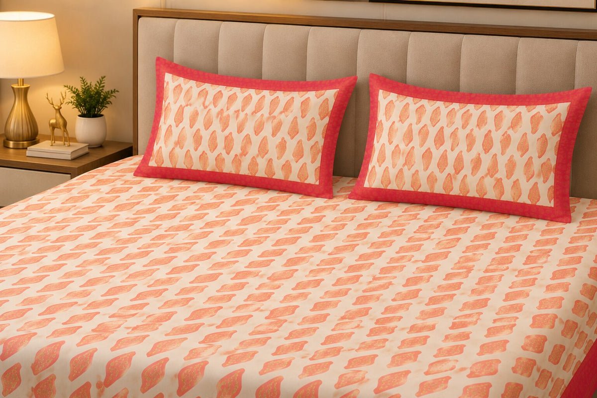 Sparkling Red Gold Leafy Delights Double Bedsheet ✨🍃