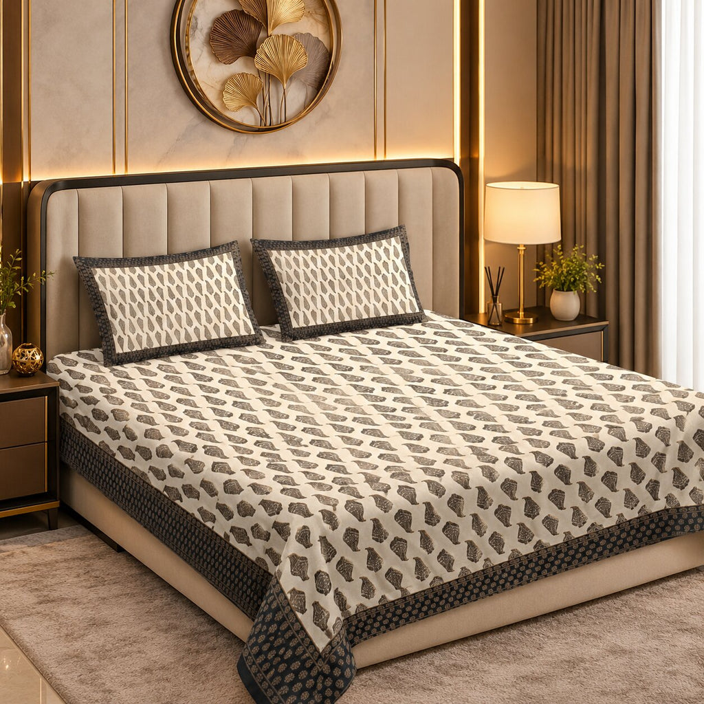 Black Gold Leafy Delights – Mercerised Cotton Double Bedsheet Set