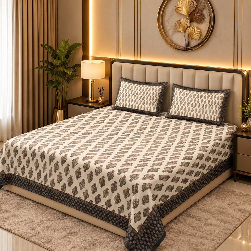 Black Gold Leafy Delights – Mercerised Cotton Double Bedsheet Set