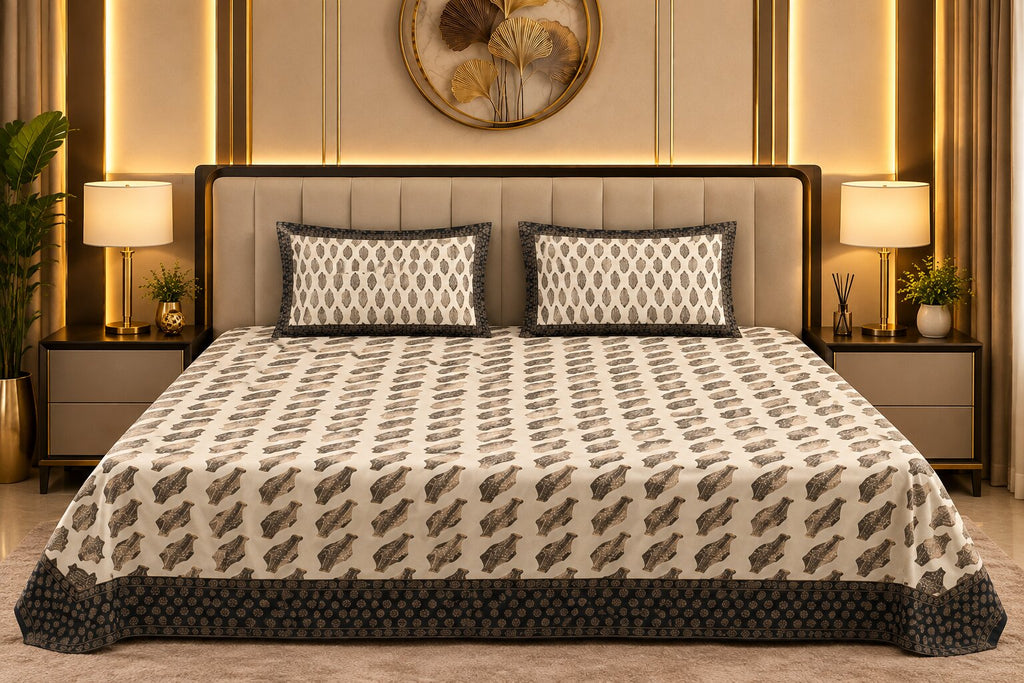Black Gold Leafy Delights – Mercerised Cotton Double Bedsheet Set