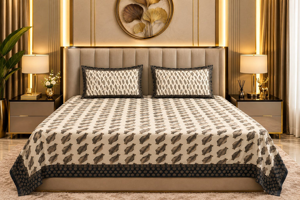 Black Gold Leafy Delights – Mercerised Cotton Double Bedsheet Set