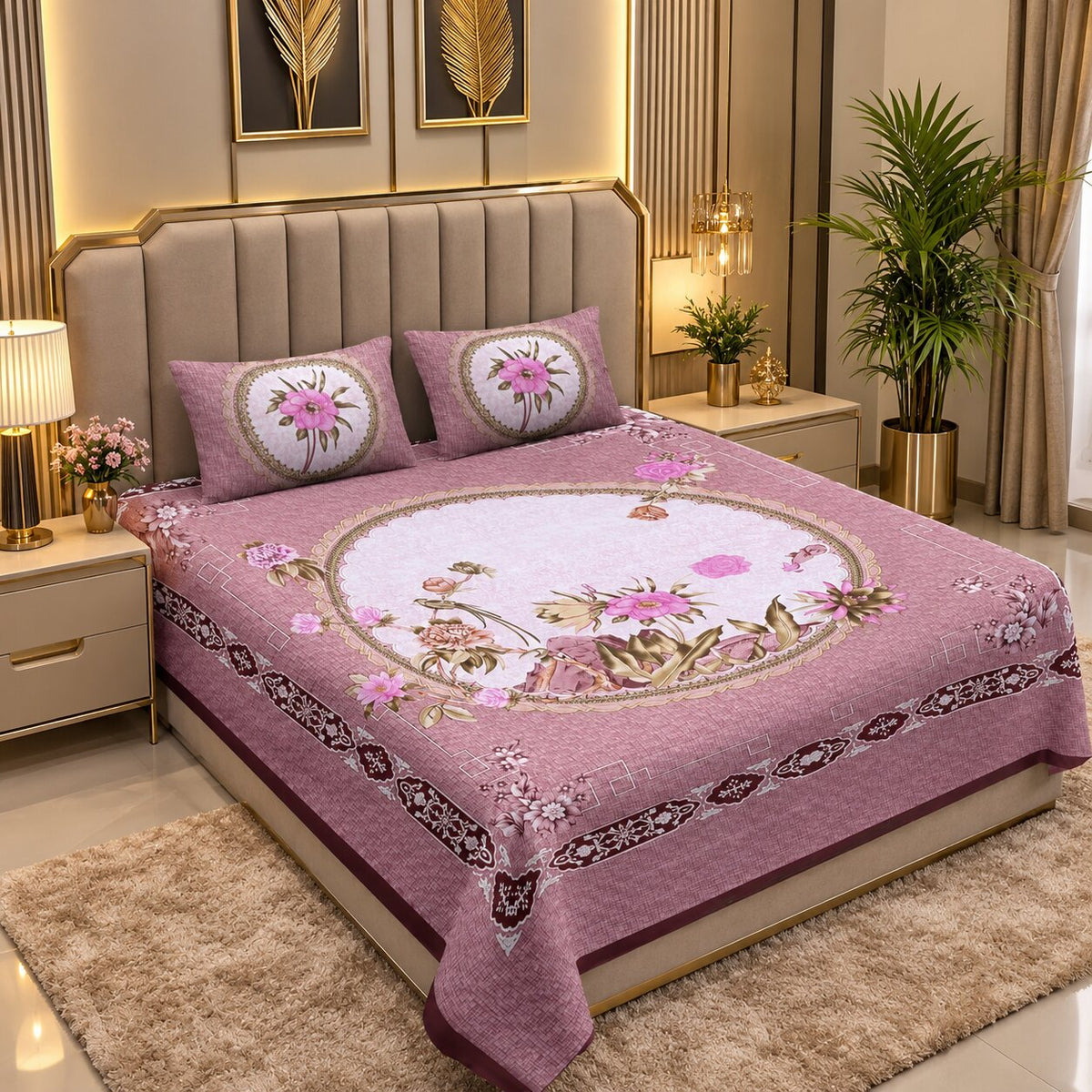 Pink Floral Medallion Double Bedsheet | 100% Cotton | 274x228 cm | 2 Pillow Covers