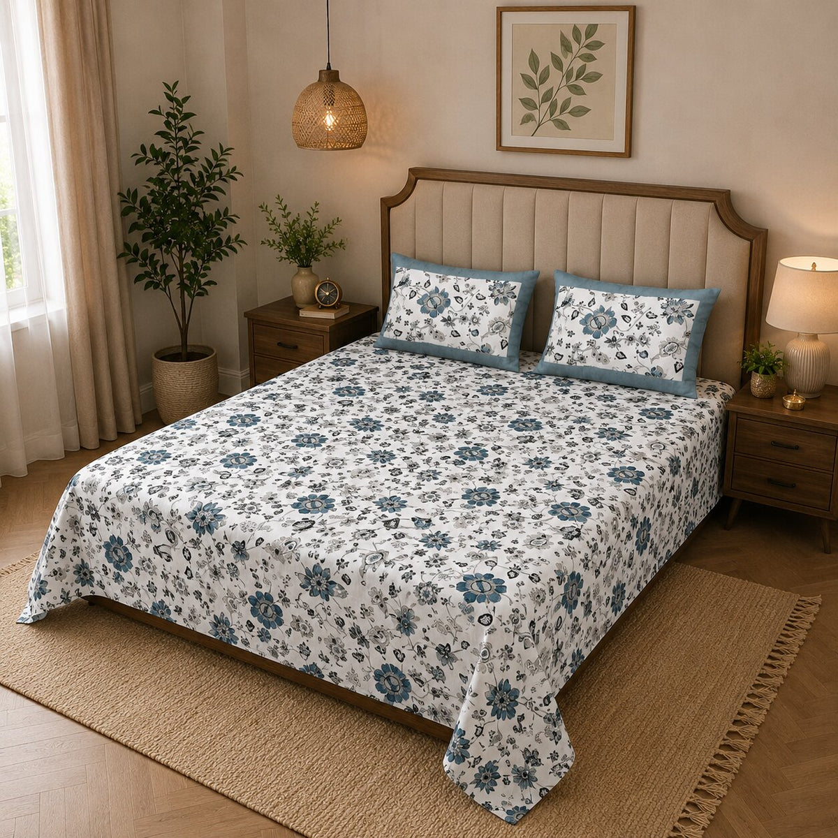 Buy Pure Cotton Double Bedsheet 240 TC – Blue Jacobean Floral Print | MVB YUGVIGYANA
