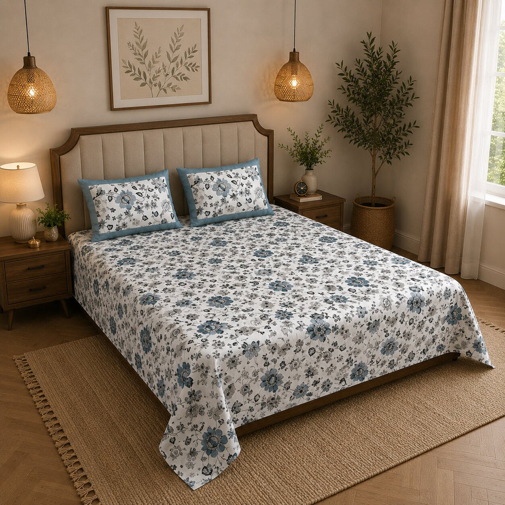 Buy Pure Cotton Double Bedsheet 240 TC – Blue Jacobean Floral Print | MVB YUGVIGYANA
