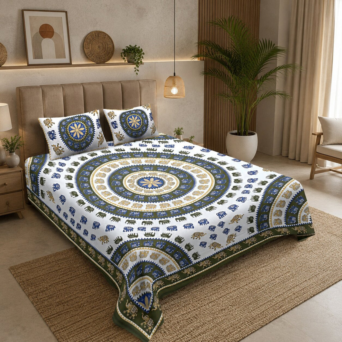 Mehandi Green Elephant Print Double Bedsheet | 100% Pure Cotton | With 2 Pillow Covers