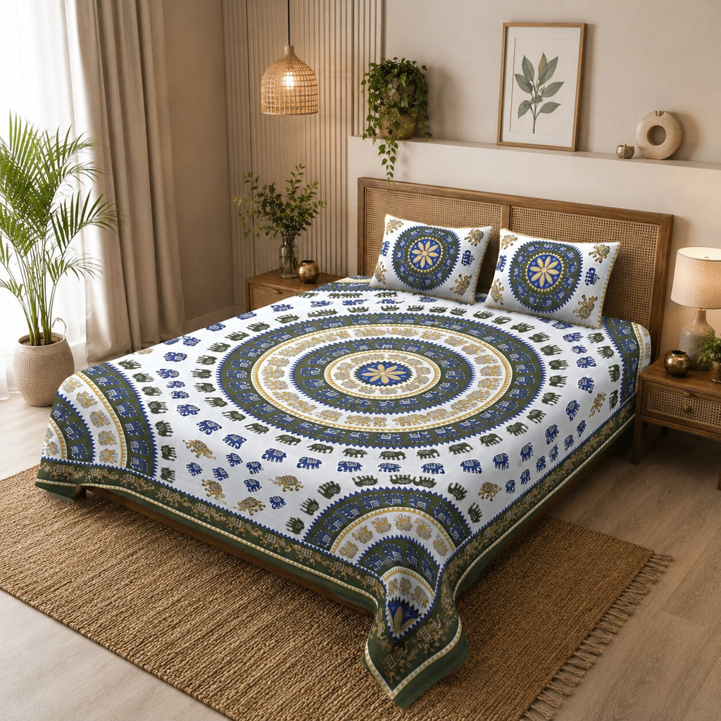 Mehandi Green Elephant Print Double Bedsheet | 100% Pure Cotton | With 2 Pillow Covers