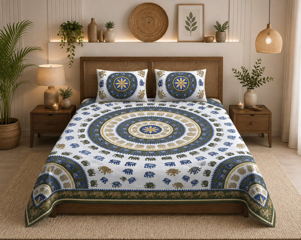 Mehandi Green Elephant Print Double Bedsheet | 100% Pure Cotton | With 2 Pillow Covers