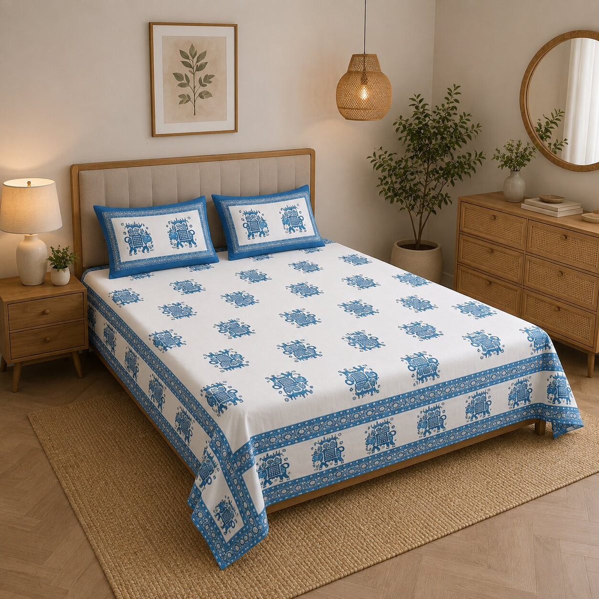 MVB Royal Blue Elephant Ride Double Bedsheet | Mercerised Cotton | 200 GSM
