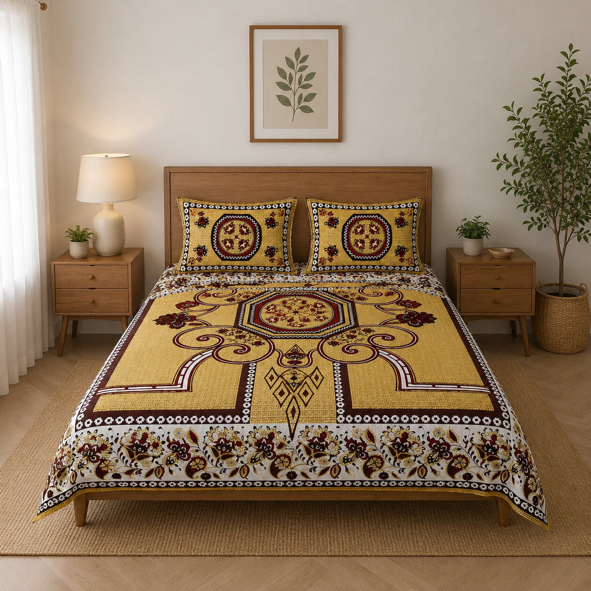 MVB Greenish Rangoli Cotton Double Bedsheet Set | 153 GSM | 2 Pillow Covers