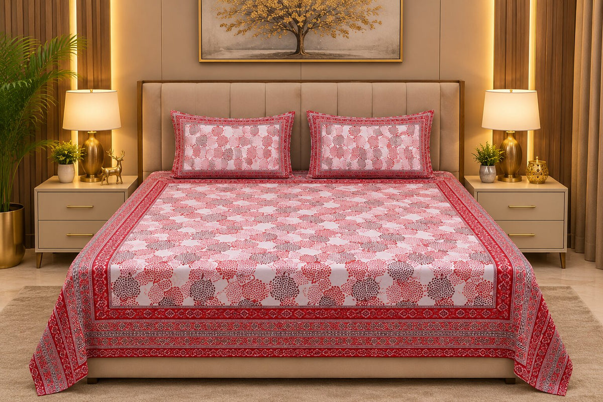 Pure Cotton 240 TC Double Bedsheet – Dotted Reddish Pink Circle Print | MVB YUGVIGYANA