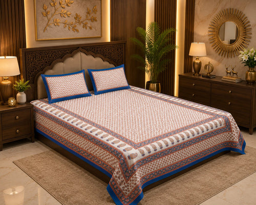 Blue Boota Gold Work Double Bedsheet | 240 TC Mercerised Cotton | With 2 Pillow Covers