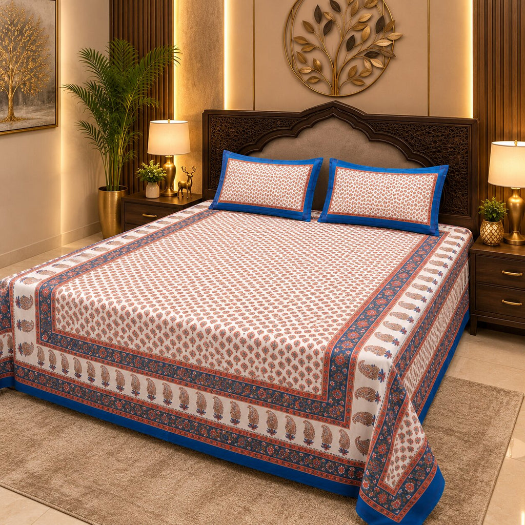 Blue Boota Gold Work Double Bedsheet | 240 TC Mercerised Cotton | With 2 Pillow Covers