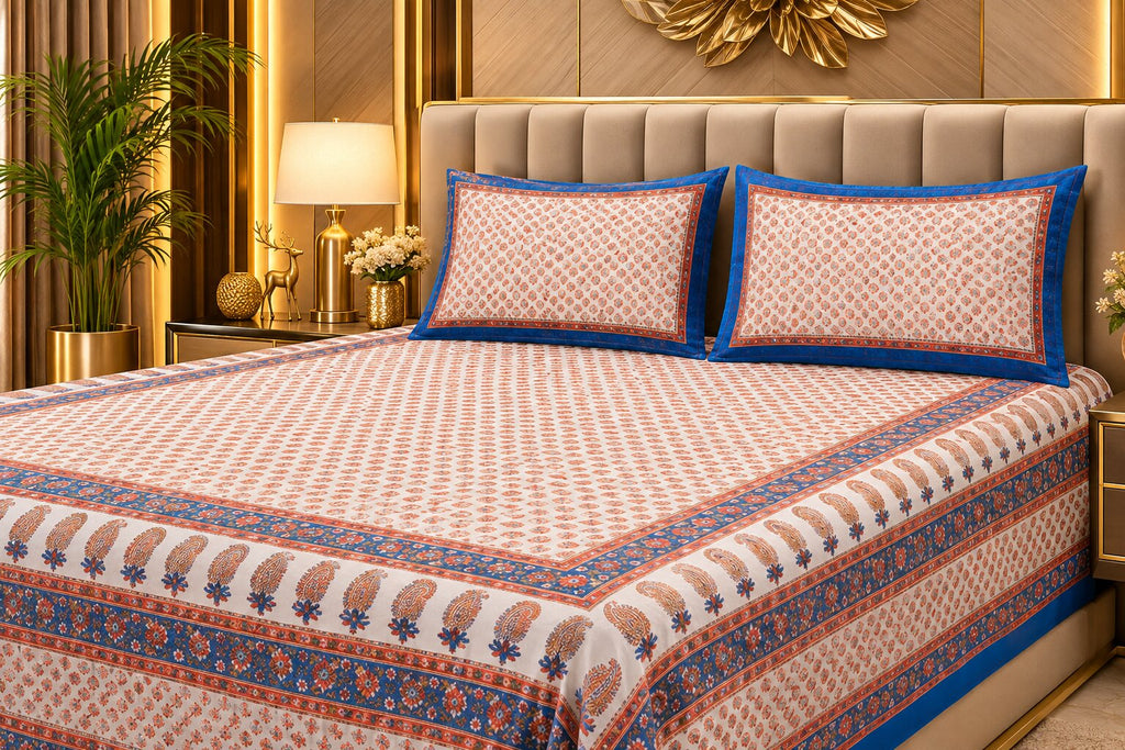 Blue Boota Gold Work Double Bedsheet | 240 TC Mercerised Cotton | With 2 Pillow Covers