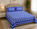 Blue Border Polka Frame White Base Blue Flower Print Super Fine Poplin Cotton Double Bedsheet With Two Pillow Covers