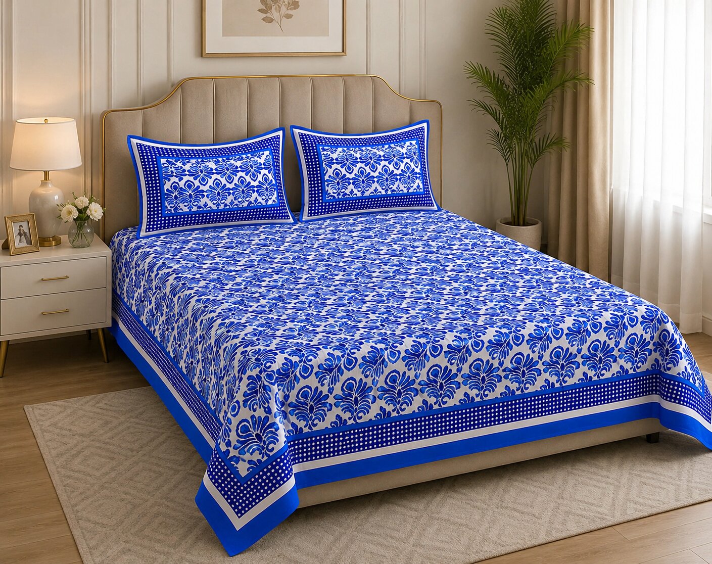 Blue Border Polka Frame White Base Blue Flower Print Super Fine Poplin Cotton Double Bedsheet With Two Pillow Covers
