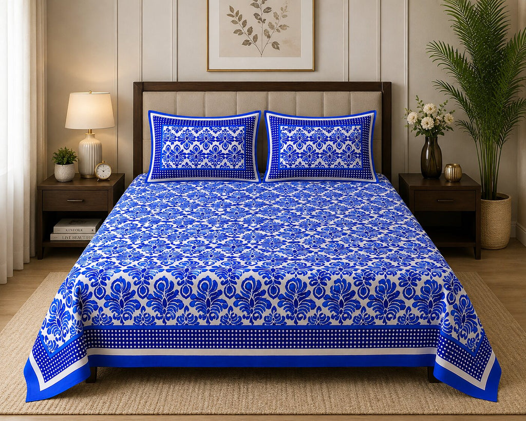 Blue Border Polka Frame White Base Blue Flower Print Super Fine Poplin Cotton Double Bedsheet With Two Pillow Covers