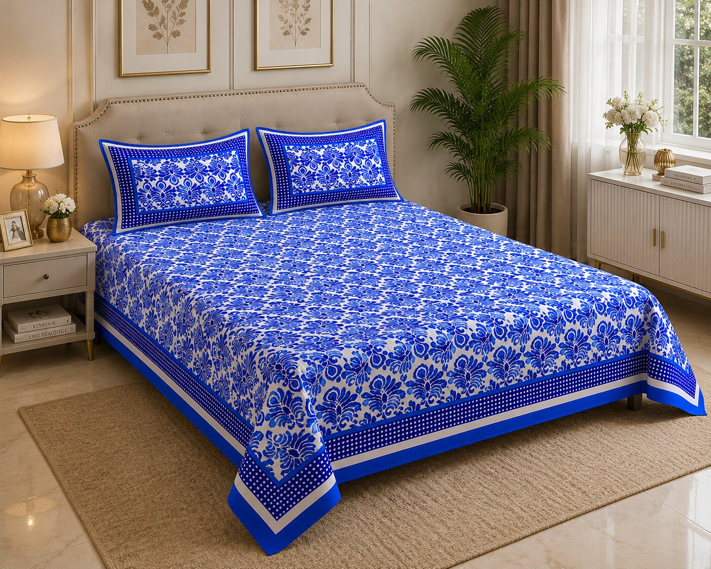 Blue Border Polka Frame White Base Blue Flower Print Super Fine Poplin Cotton Double Bedsheet With Two Pillow Covers
