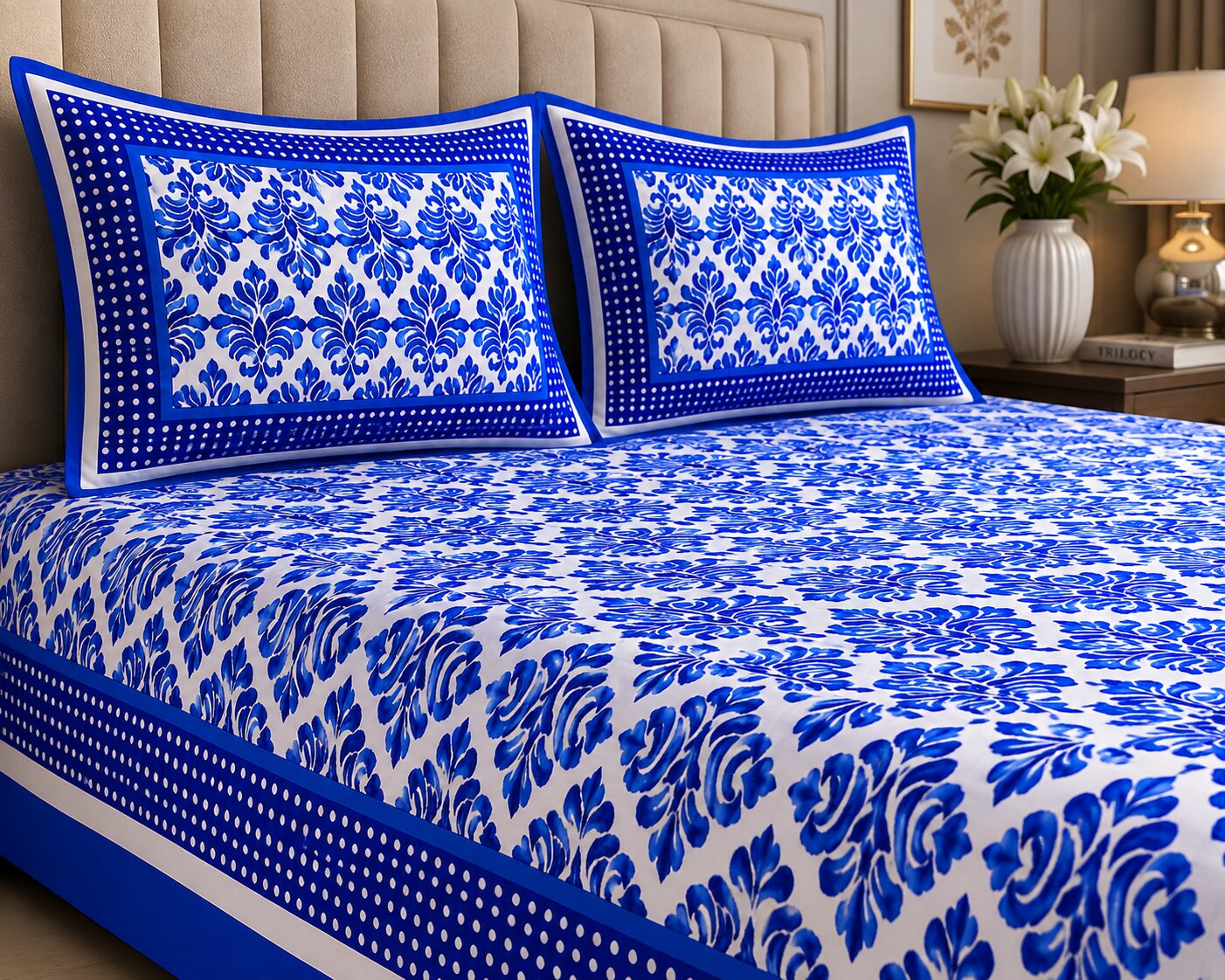 Blue Border Polka Frame White Base Blue Flower Print Super Fine Poplin Cotton Double Bedsheet With Two Pillow Covers