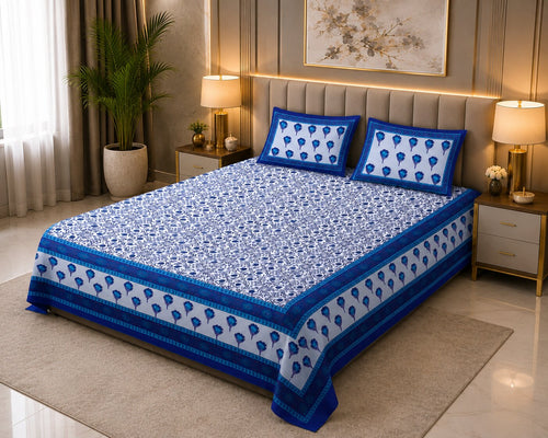 Blue Tulip Double Bedsheet with Two Pillow Covers | 240 TC Mercerised Cotton | MVB YUGVIGYANA