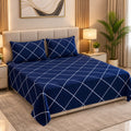 Navy Blue Diamond Check Super Soft Double Bedsheet | 150 TC Poly Cotton | With 2 Pillow Covers