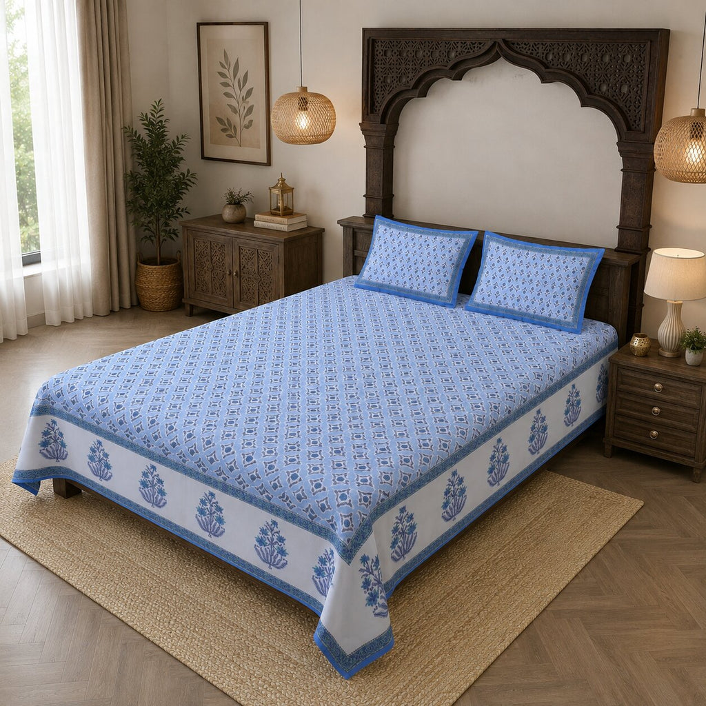 Blue Pedicel Print Double Bedsheet | 100% Cotton 120 TC | Soft & Breathable | With 2 Pillow Covers