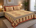 MVB Cream Base Paisley Mandala Rangoli Double Bed Sheet | Red Border | Golden Print | 100% Pure Cotton | 153 GSM
