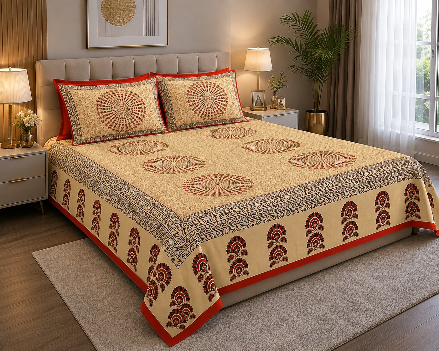 MVB Cream Base Paisley Mandala Rangoli Double Bed Sheet | Red Border | Golden Print | 100% Pure Cotton | 153 GSM