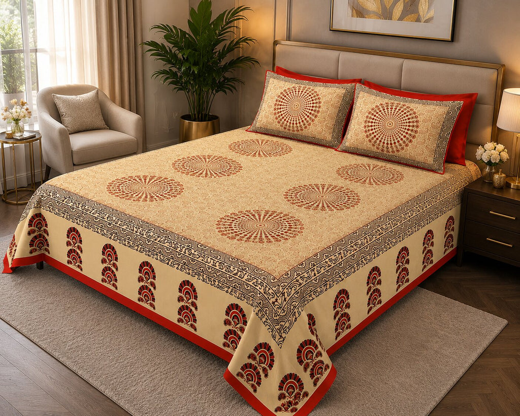 MVB Cream Base Paisley Mandala Rangoli Double Bed Sheet | Red Border | Golden Print | 100% Pure Cotton | 153 GSM