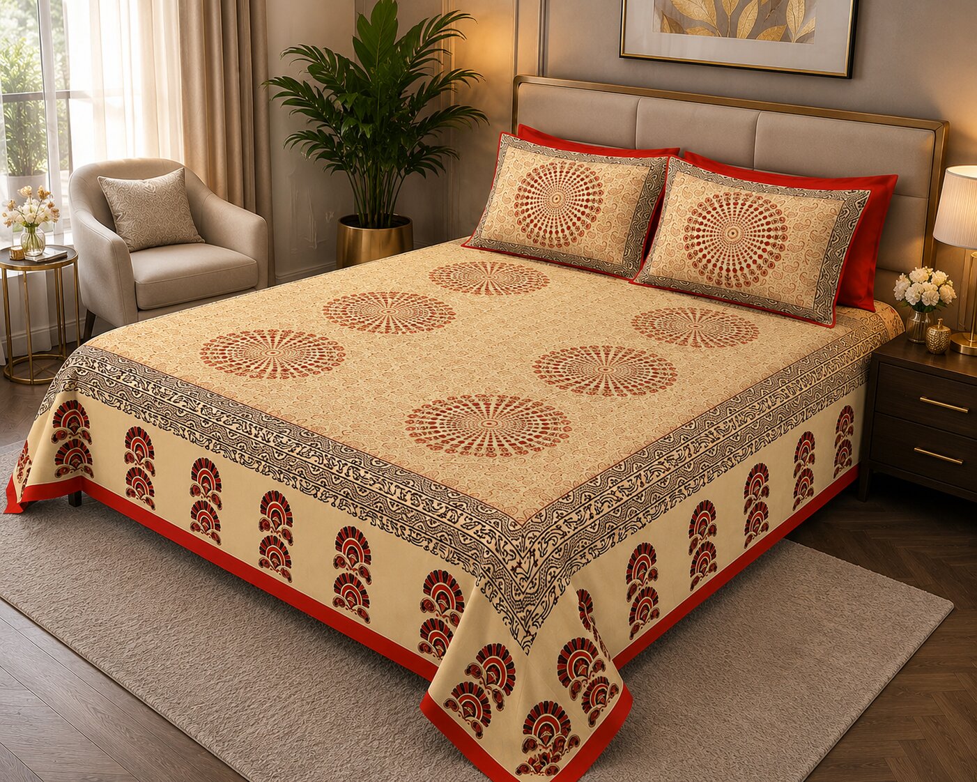 MVB Cream Base Paisley Mandala Rangoli Double Bed Sheet | Red Border | Golden Print | 100% Pure Cotton | 153 GSM