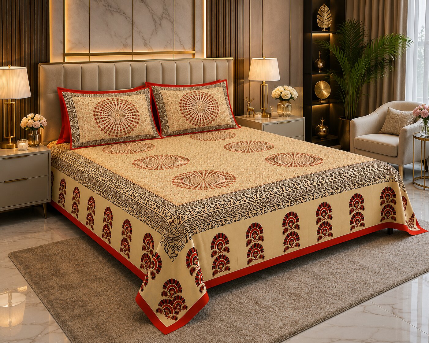 MVB Cream Base Paisley Mandala Rangoli Double Bed Sheet | Red Border | Golden Print | 100% Pure Cotton | 153 GSM