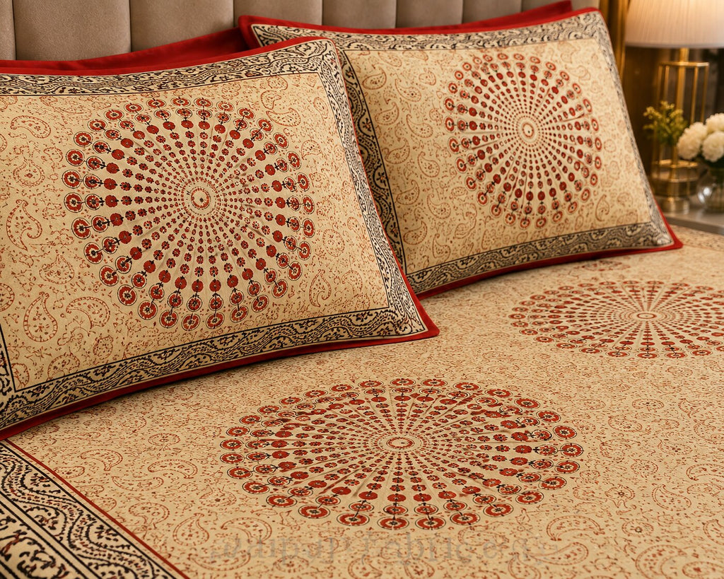 MVB Cream Base Paisley Mandala Rangoli Double Bed Sheet | Red Border | Golden Print | 100% Pure Cotton | 153 GSM