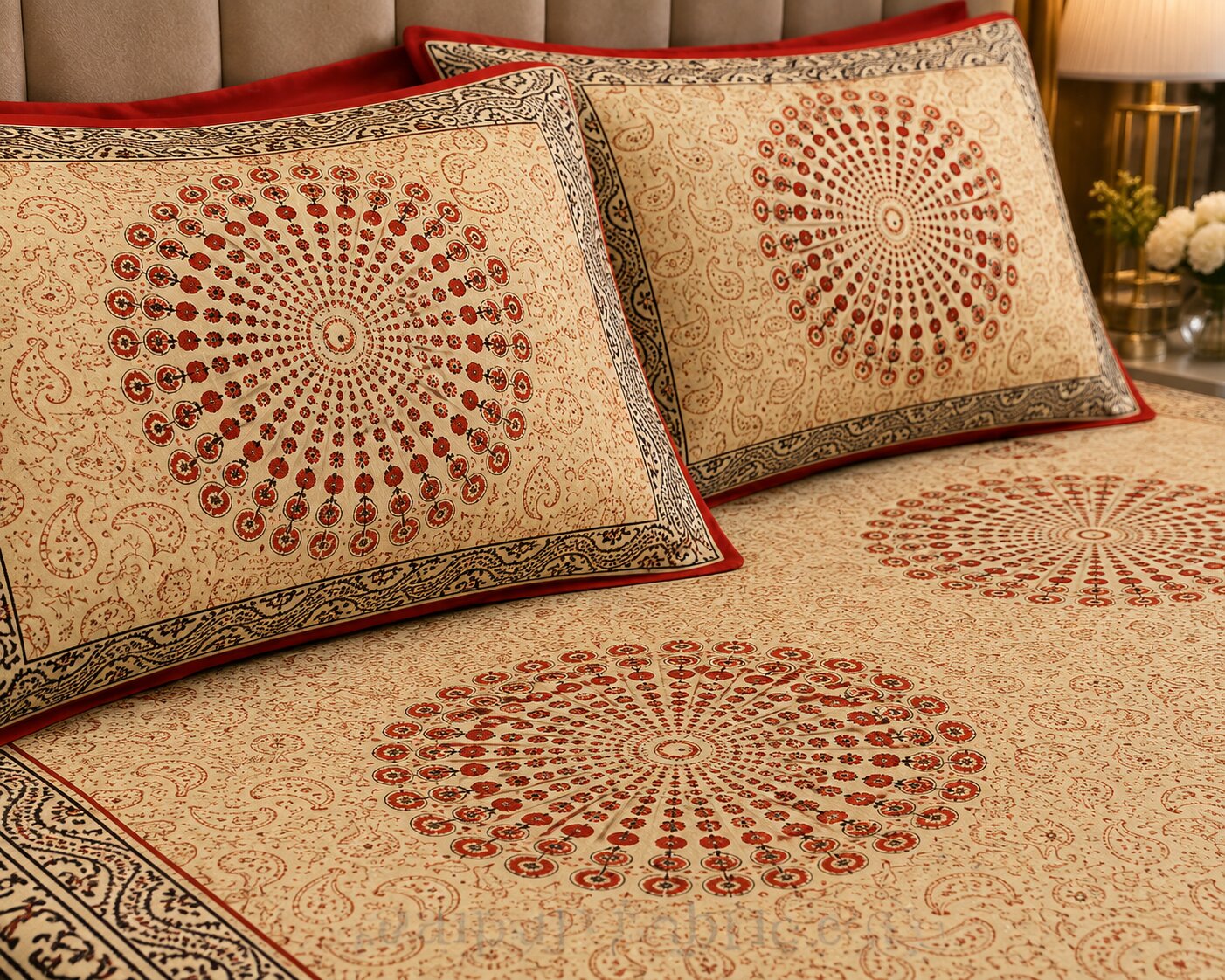 MVB Cream Base Paisley Mandala Rangoli Double Bed Sheet | Red Border | Golden Print | 100% Pure Cotton | 153 GSM
