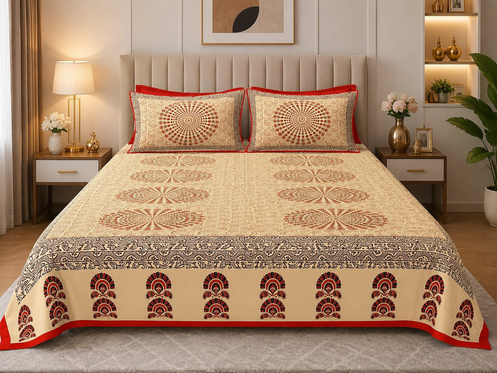 MVB Cream Base Paisley Mandala Rangoli Double Bed Sheet | Red Border | Golden Print | 100% Pure Cotton | 153 GSM