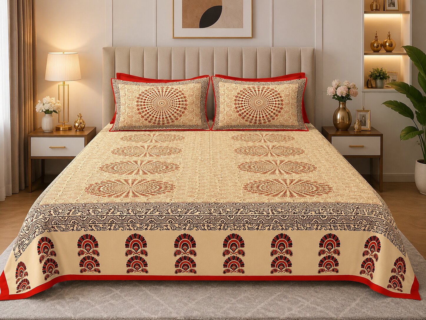MVB Cream Base Paisley Mandala Rangoli Double Bed Sheet | Red Border | Golden Print | 100% Pure Cotton | 153 GSM