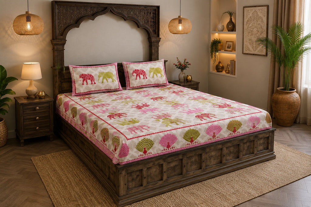 MVB Jungle Safari Pink Double Bed Sheet | 100% Pure Cotton | 210 TC | 153 GSM | With 2 Pillow Covers