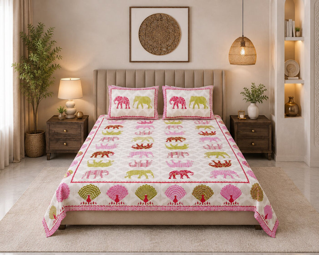 MVB Jungle Safari Pink Double Bed Sheet | 100% Pure Cotton | 210 TC | 153 GSM | With 2 Pillow Covers