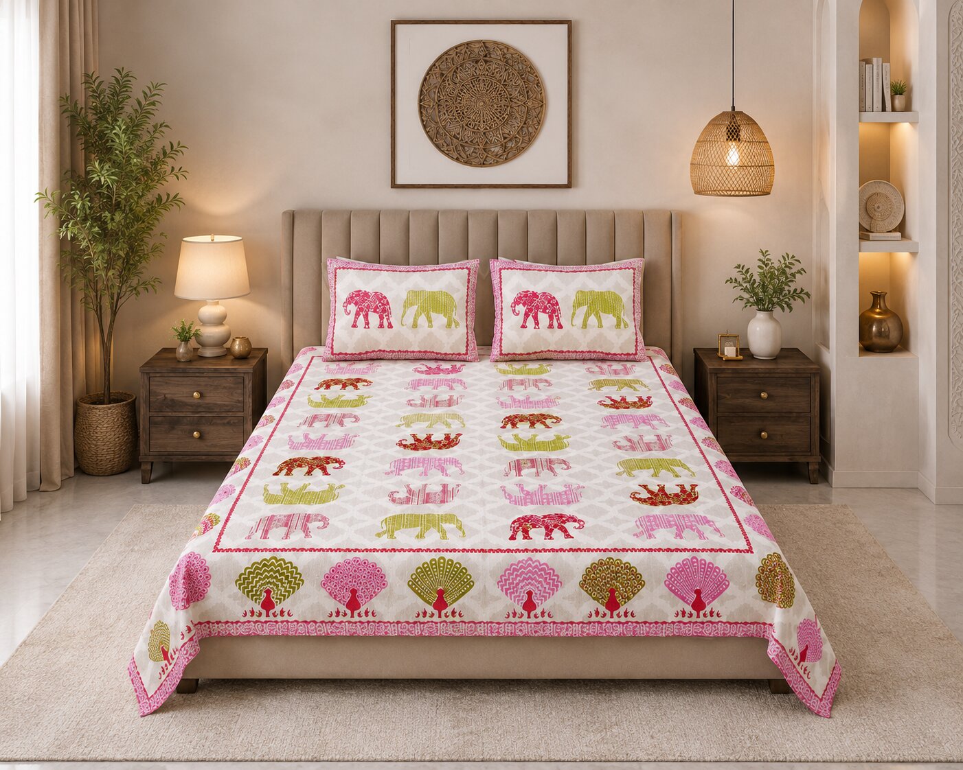 MVB Jungle Safari Pink Double Bed Sheet | 100% Pure Cotton | 210 TC | 153 GSM | With 2 Pillow Covers